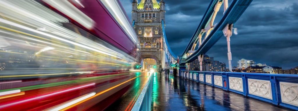 London Bridge at night with Bus passing